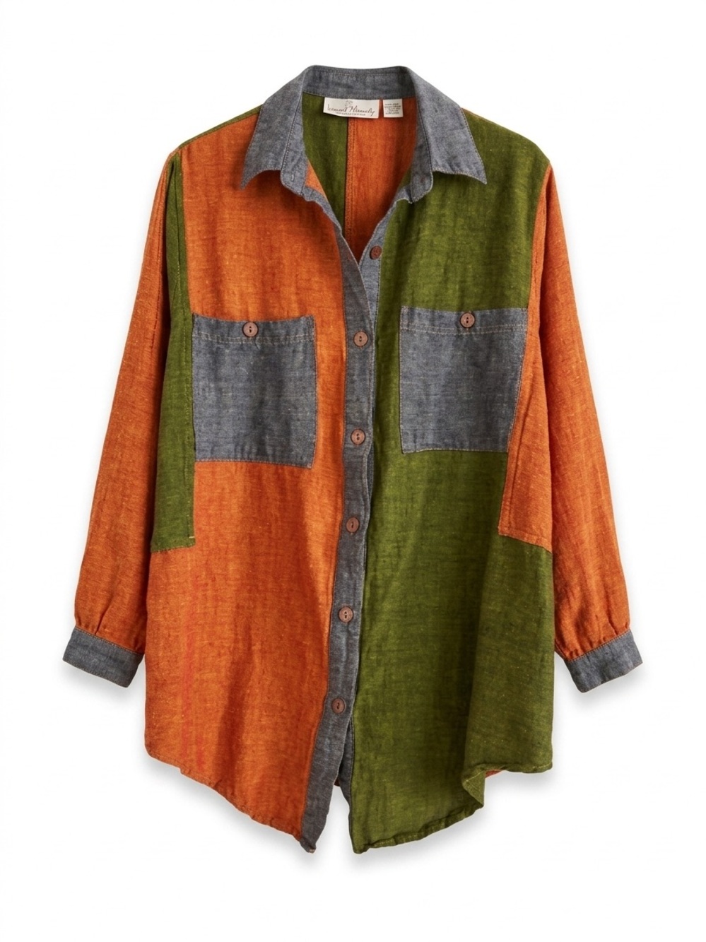 Vintage 90s Earthy Color Block Linen Blend Patchwork Button Up Sacred Threads